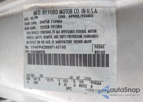 1999 Ford Mustang Gt from USA, damaged, VIN 1FAFP42X8XF145100